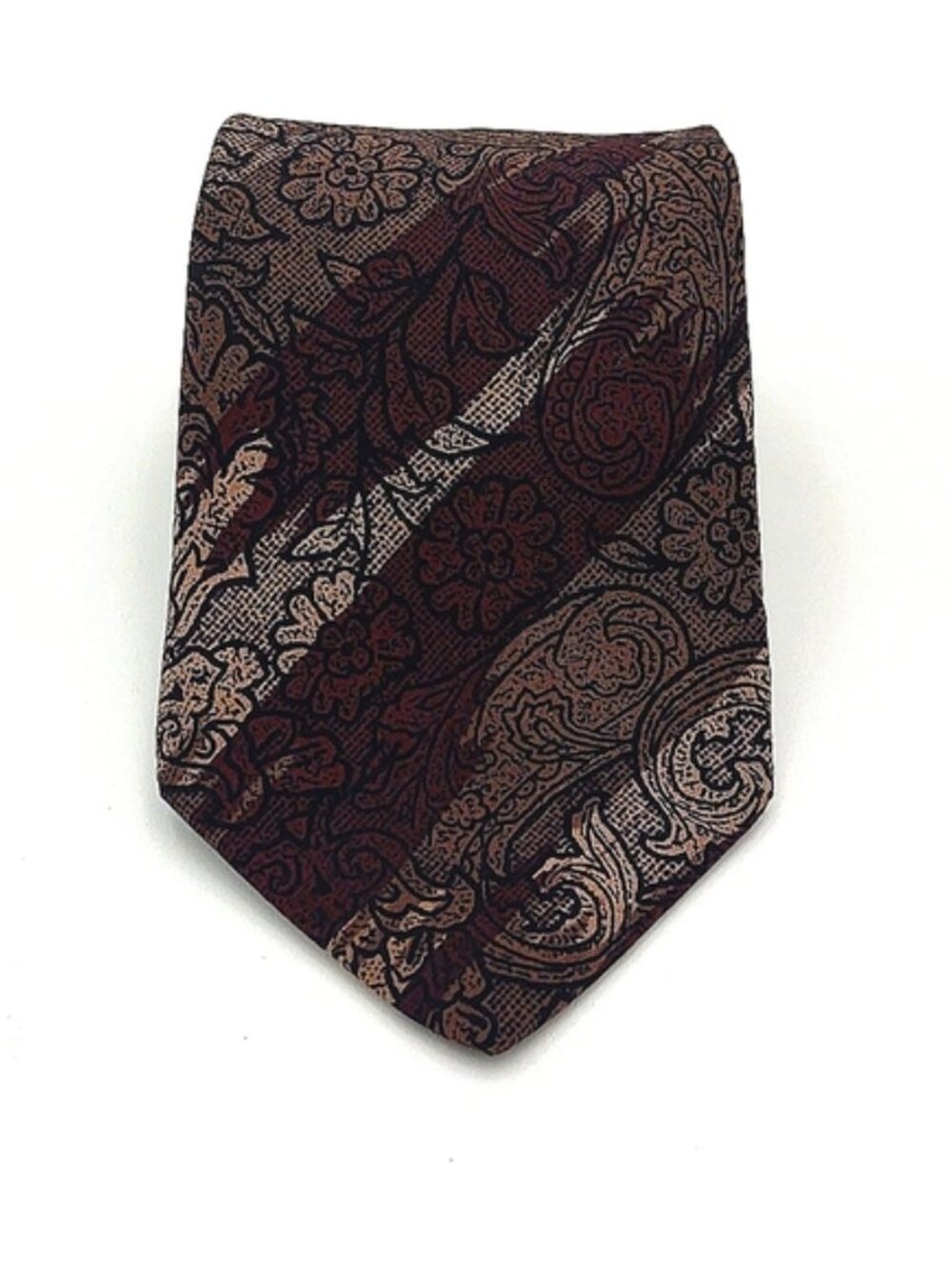 Karl Lagerfeld 90s Silk Tie Italy Burgundy Brown Paisley Stripe Floral Necktie